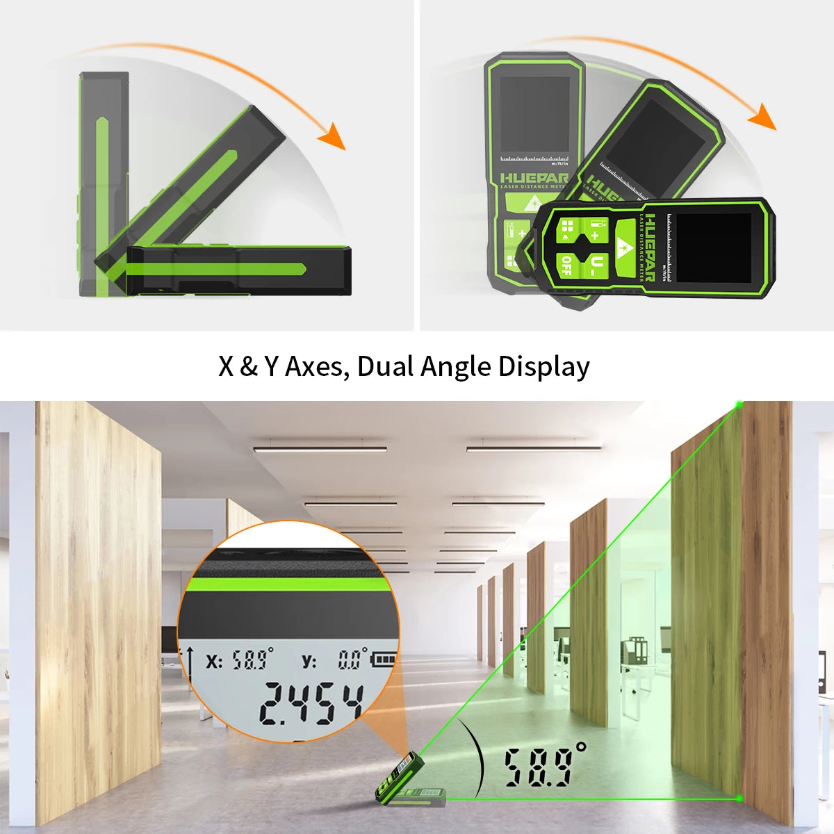 Huepar Digital Laser Distance Meter – Green Beam Rangefinder | 60M / 100M / 120M Laser Tape Measure