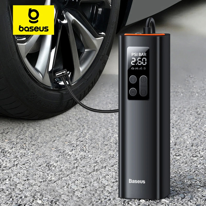 Baseus Mini Car Air Compressor – 12V Portable Tire Inflator | 150 PSI Smart Digital Pump for Car, Bicycle, Boat & Sports